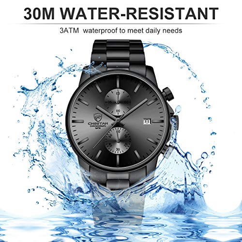 GOLDEN HOUR Reloj de Cuarzo para Hombre de Negocios de Moda con cronógrafo Impermeable de Acero Inoxidable para Hombre, Fecha automática (Black)
