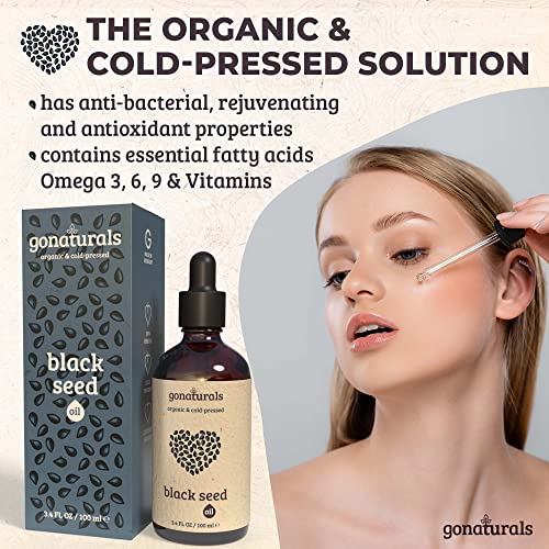 GoNaturals Aceite de Comino Negro 100% Puro Prensado en Frío - Organic Black Seed Oil, Aceite Vegetal Nigella Sativa - Aceite de Grosella Negra para Cuidado Piel y Cabello - Aceite Comino Negro, 100ml
