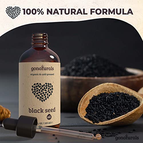 GoNaturals Aceite de Comino Negro 100% Puro Prensado en Frío - Organic Black Seed Oil, Aceite Vegetal Nigella Sativa - Aceite de Grosella Negra para Cuidado Piel y Cabello - Aceite Comino Negro, 100ml