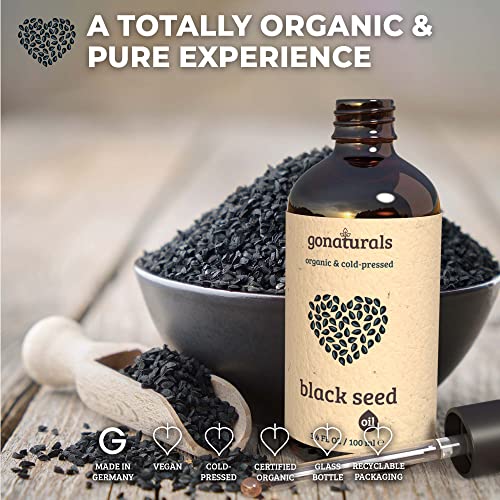 GoNaturals Aceite de Comino Negro 100% Puro Prensado en Frío - Organic Black Seed Oil, Aceite Vegetal Nigella Sativa - Aceite de Grosella Negra para Cuidado Piel y Cabello - Aceite Comino Negro, 100ml