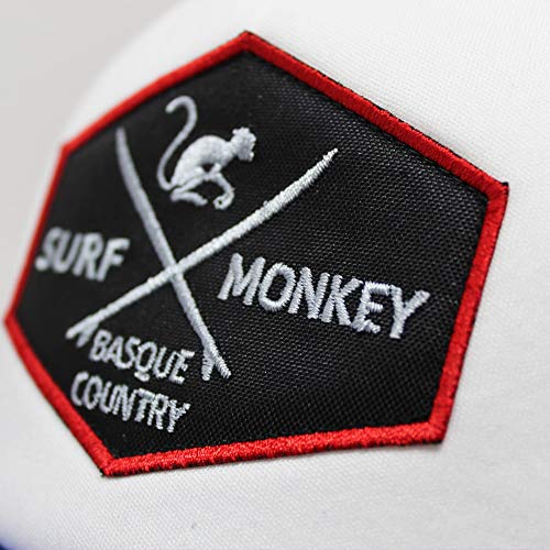 Gorra Tipo Trucker - Visera curvada - talla única - Gorra ajustable Snapback - Parche bordado Surf Monkey - Diseño de 5 paneles con espuma - Envío Gratis - Surfing the Basque Country (Azul / Roja)