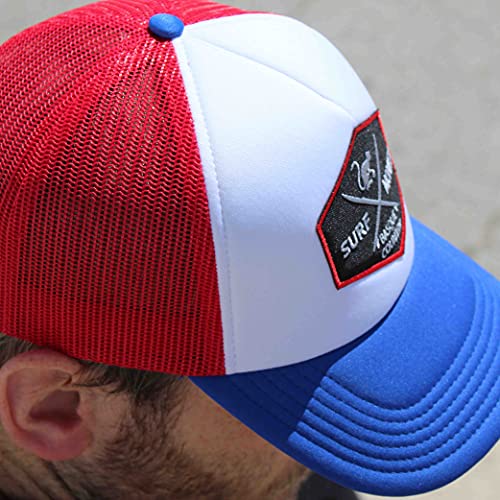 Gorra Tipo Trucker - Visera curvada - talla única - Gorra ajustable Snapback - Parche bordado Surf Monkey - Diseño de 5 paneles con espuma - Envío Gratis - Surfing the Basque Country (Azul / Roja)