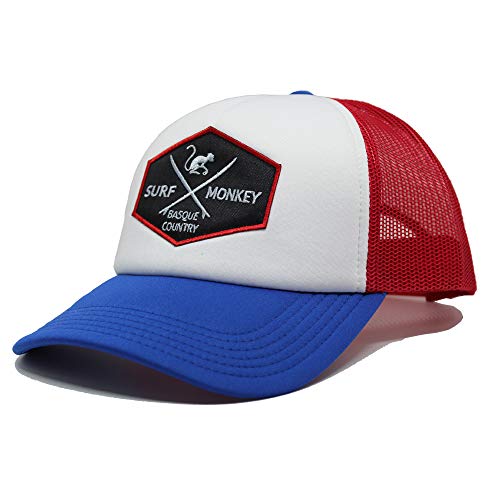 Gorra Tipo Trucker - Visera curvada - talla única - Gorra ajustable Snapback - Parche bordado Surf Monkey - Diseño de 5 paneles con espuma - Envío Gratis - Surfing the Basque Country (Azul / Roja)