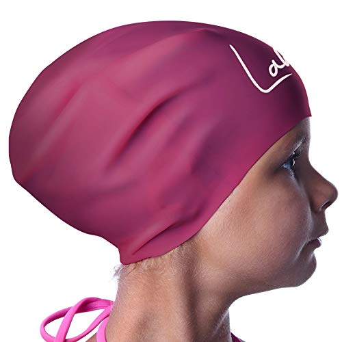 Gorro de Natación para Pelo Largo Infantil - Gorro de Baño para Niños y Adolescentes con Rastas o Pelo Largo y Rizado - Gorro de Piscina de Silicona 100% Hipoalergénica Impermeable (Vino Windsor S)
