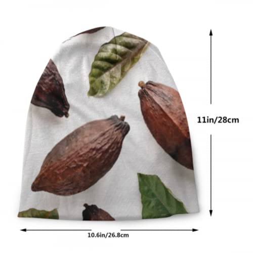 Gorros Beanie para Hombres y Mujeres - Vainas de Cacao con Hojas sobre Fondo Blanco Gorro Beanie Sombreros Resistentes, Gorro elástico y Suave Comodidad Durante Todo el año