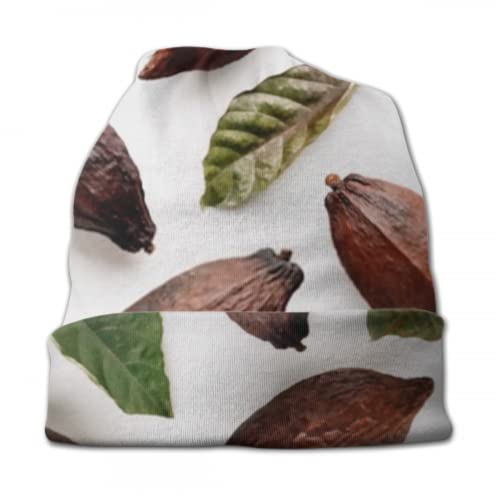 Gorros Beanie para Hombres y Mujeres - Vainas de Cacao con Hojas sobre Fondo Blanco Gorro Beanie Sombreros Resistentes, Gorro elástico y Suave Comodidad Durante Todo el año
