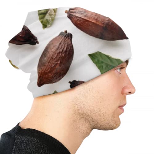 Gorros Beanie para Hombres y Mujeres - Vainas de Cacao con Hojas sobre Fondo Blanco Gorro Beanie Sombreros Resistentes, Gorro elástico y Suave Comodidad Durante Todo el año