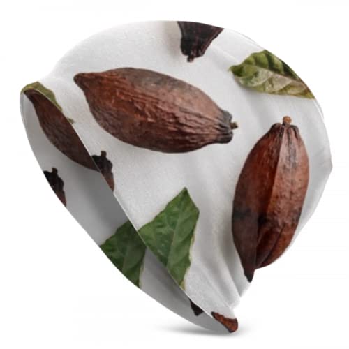 Gorros Beanie para Hombres y Mujeres - Vainas de Cacao con Hojas sobre Fondo Blanco Gorro Beanie Sombreros Resistentes, Gorro elástico y Suave Comodidad Durante Todo el año