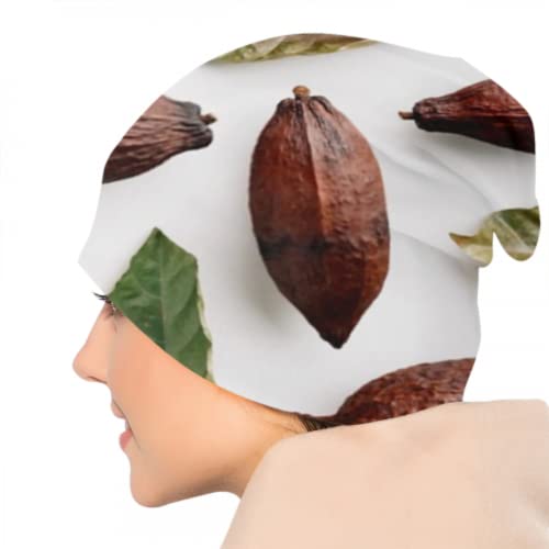 Gorros Beanie para Hombres y Mujeres - Vainas de Cacao con Hojas sobre Fondo Blanco Gorro Beanie Sombreros Resistentes, Gorro elástico y Suave Comodidad Durante Todo el año