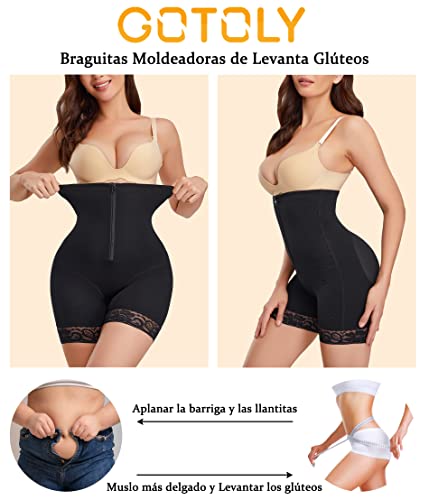 Gotoly Braga Faja Pantalón Reductora Mujer Braga Cintura Alta Reductora Control de Barriga Levanta Glúteos Shapewear Lencería Moldeadora Body Shaper Braguitas Moldeadoras con Cremallera (Negro, M)