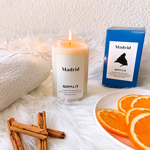 GOVALIS Vela Aromática Madrid | Cera de Soja 100% Natural | 100 Horas, Vela Perfumada Grande en Vaso, Vegana, Olor a Madera, Regalos Originales para Mujer Amigas, Recuerdos Madrid, Decoración