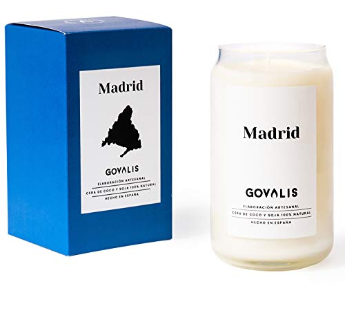 GOVALIS Vela Aromática Madrid | Cera de Soja 100% Natural | 100 Horas, Vela Perfumada Grande en Vaso, Vegana, Olor a Madera, Regalos Originales para Mujer Amigas, Recuerdos Madrid, Decoración