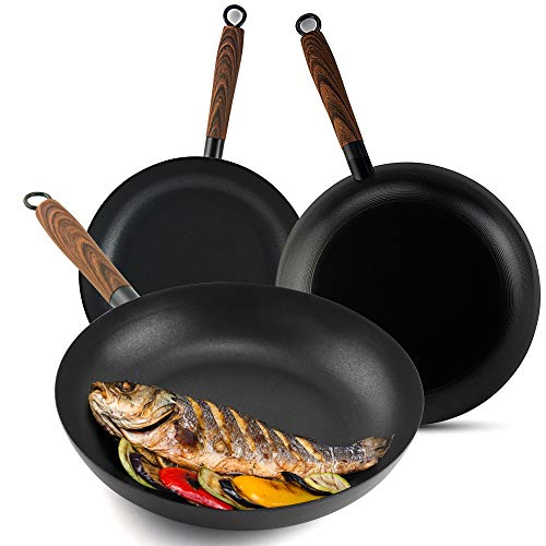 GreaTool Sartén con Mango Madera, Sartén de inducción, Hierro Fundido,Antiadherente para Todo Tipo de Cocinas (28 CM, Individual)