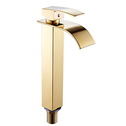 Grifo de lavabo Cascada, Grifo monomando para fregadero de baño, agua fría disponible, estilo moderno, cromado (alto, dorado)