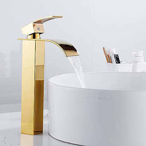 Grifo de lavabo Cascada, Grifo monomando para fregadero de baño, agua fría disponible, estilo moderno, cromado (alto, dorado)