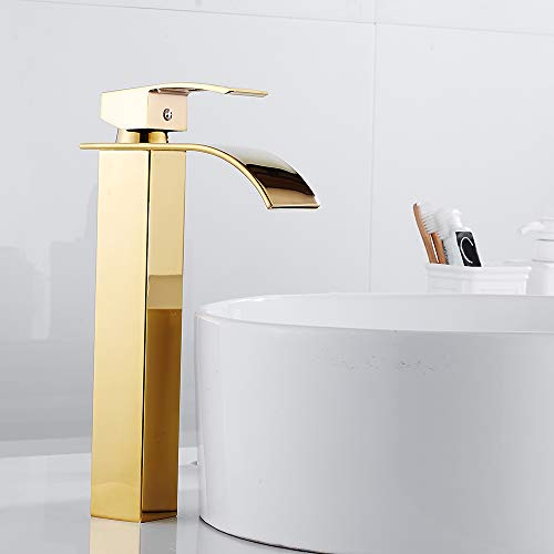 Grifo de lavabo Cascada, Grifo monomando para fregadero de baño, agua fría disponible, estilo moderno, cromado (alto, dorado)
