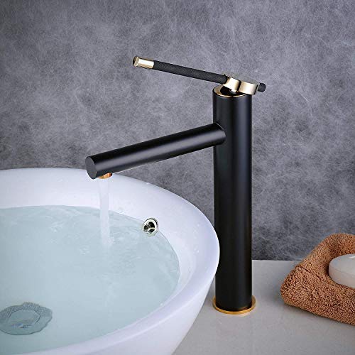 Grifo de lavabo de baño Grifo monomando para lavabo con cuerpo alto en Diseño creativo, Agua fría y caliente ajustable, Negro/Dorado, Beelee BL0611BH