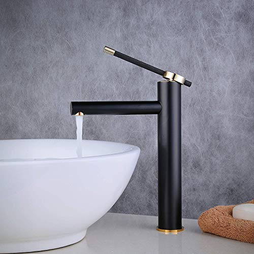 Grifo de lavabo de baño Grifo monomando para lavabo con cuerpo alto en Diseño creativo, Agua fría y caliente ajustable, Negro/Dorado, Beelee BL0611BH