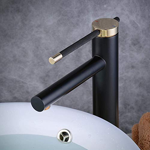 Grifo de lavabo de baño Grifo monomando para lavabo con cuerpo alto en Diseño creativo, Agua fría y caliente ajustable, Negro/Dorado, Beelee BL0611BH
