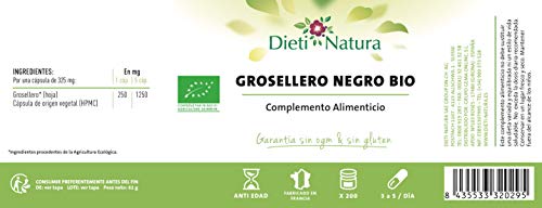 Grosellero Negro Bio 200 cápsulas de Dieti Natura. Bienestar de las articulaciones [Fabricado en Francia][Garantía Sin OGM ni Gluten] (Bote de 200 cápsulas)