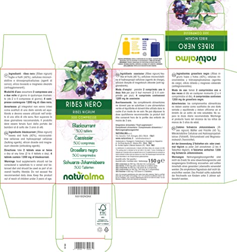 Grosellero negro (Ribes nigrum) hojas y frutos NATURALMA | 150 g | 300 comprimidos de 500 mg | Complemento alimenticio | Natural y Vegano