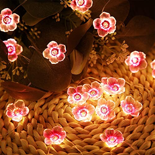 Guirnalda de luces de flor de cerezo para dormitorio de niña, luces de hadas rosadas de 13 pies, 40 ledes, USB y funciona con pilas, luces decorativas para interiores y exteriores