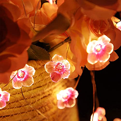 Guirnalda de luces de flor de cerezo para dormitorio de niña, luces de hadas rosadas de 13 pies, 40 ledes, USB y funciona con pilas, luces decorativas para interiores y exteriores