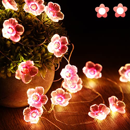 Guirnalda de luces de flor de cerezo para dormitorio de niña, luces de hadas rosadas de 13 pies, 40 ledes, USB y funciona con pilas, luces decorativas para interiores y exteriores