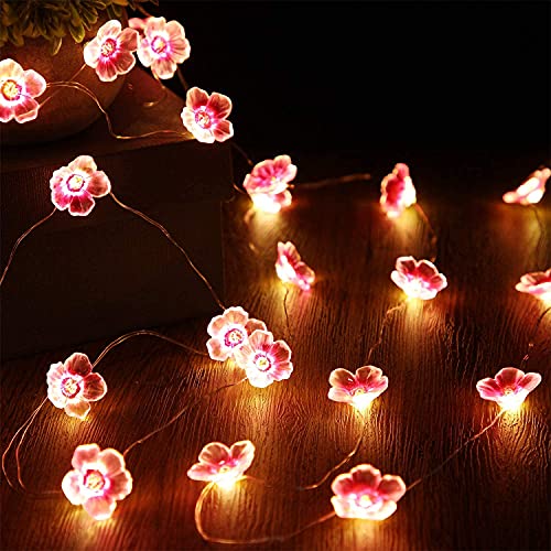 Guirnalda de luces de flor de cerezo para dormitorio de niña, luces de hadas rosadas de 13 pies, 40 ledes, USB y funciona con pilas, luces decorativas para interiores y exteriores