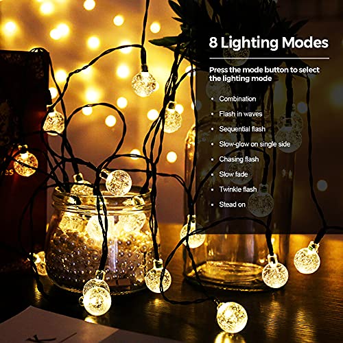 Guirnaldas Luces Exterior Solar, 8M Hoteril Cadena de Luces con USB Recargable con 50 LED Bola de Cristal, Luces Navidad para Decoración, Exterior, Interior, Jardín, Árbol, Patio, Boda, Navidad