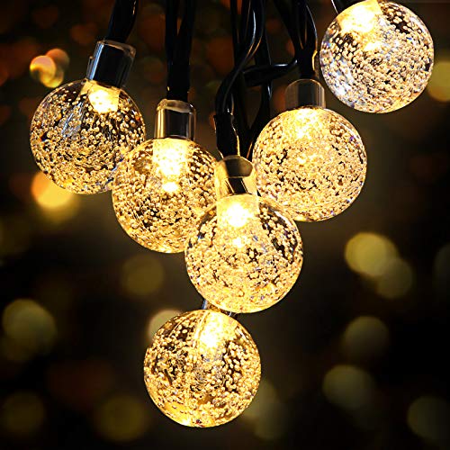 Guirnaldas Luces Exterior Solar, 8M Hoteril Cadena de Luces con USB Recargable con 50 LED Bola de Cristal, Luces Navidad para Decoración, Exterior, Interior, Jardín, Árbol, Patio, Boda, Navidad