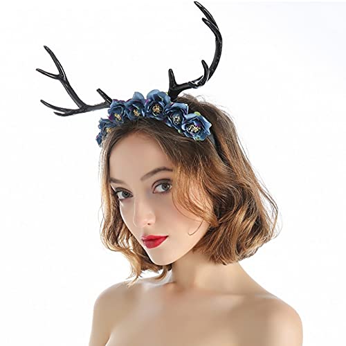 GYAM Forestal De Halloween Alces Largo Asta De Asta Velvet Rose Flower Guirnalda Pelo Hoop Navidad Mascarada Partido Tocado para Fiestas Temáticas