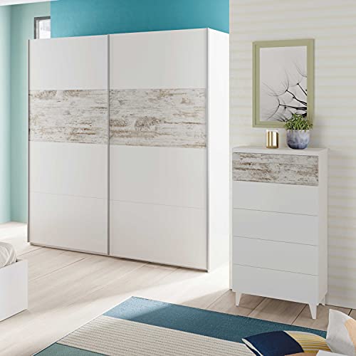 Habitdesign Comoda con 5 Cajones, para Dormitorio, Modelo Vintage, Acabado en Color Blanco Artik y Vintage, Medidas: 61 cm (Ancho) x 40 cm (Fondo) 118 x cm (Alto)