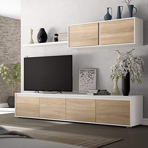 Habitdesign Mueble de Salon Moderno, Modulos de Comedor, Modelo Alida, Acabado en Blanco Artik y Roble Canadian, Medidas: 200 cm (Ancho) x 43 cm (Alto) 41 cm (Fondo)