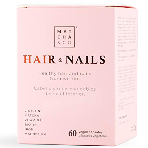 Hair & Nails. Fortalece y evita la caída del cabello. Uñas más resistentes. Multivitaminas, Biotina, Zinc, Hierro, Magnesio, Matcha. 60 cápsulas