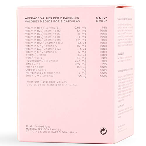 Hair & Nails. Fortalece y evita la caída del cabello. Uñas más resistentes. Multivitaminas, Biotina, Zinc, Hierro, Magnesio, Matcha. 60 cápsulas