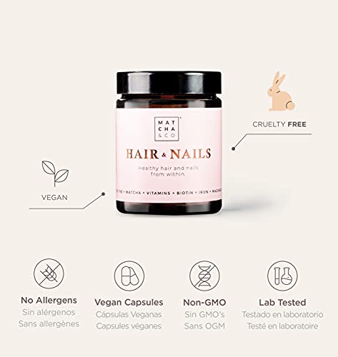 Hair & Nails. Fortalece y evita la caída del cabello. Uñas más resistentes. Multivitaminas, Biotina, Zinc, Hierro, Magnesio, Matcha. 60 cápsulas