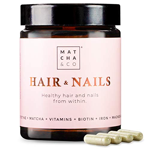 Hair & Nails. Fortalece y evita la caída del cabello. Uñas más resistentes. Multivitaminas, Biotina, Zinc, Hierro, Magnesio, Matcha. 60 cápsulas