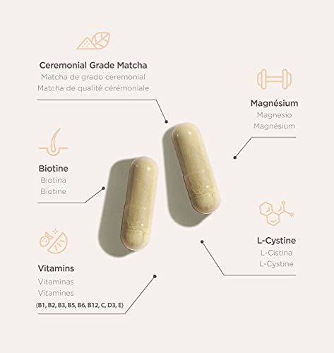 Hair & Nails. Fortalece y evita la caída del cabello. Uñas más resistentes. Multivitaminas, Biotina, Zinc, Hierro, Magnesio, Matcha. 60 cápsulas