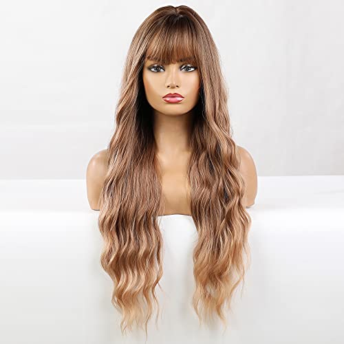 HAIRCUBE Peluca de pelo largo y rizado ombre rubio de dos tonos raíz oscura con flequillo peluca sintética natural para las mujeres