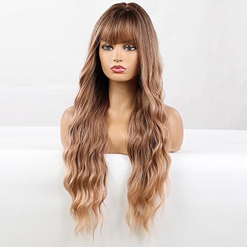 HAIRCUBE Peluca de pelo largo y rizado ombre rubio de dos tonos raíz oscura con flequillo peluca sintética natural para las mujeres