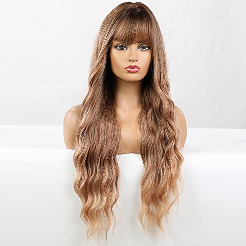 HAIRCUBE Peluca de pelo largo y rizado ombre rubio de dos tonos raíz oscura con flequillo peluca sintética natural para las mujeres