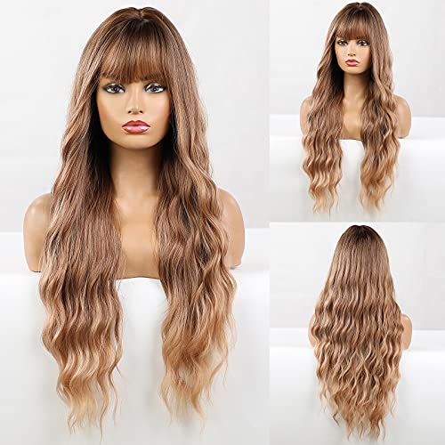HAIRCUBE Peluca de pelo largo y rizado ombre rubio de dos tonos raíz oscura con flequillo peluca sintética natural para las mujeres