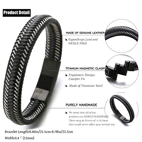 HALUKAKAH Plus ● Jazz ● Pulsera Hombre Cuero Genuina Cierre Magnético Titanio Acero Inoxidable 8.5"-9"(21.5-23cm) con CajaDeRegaloGRATIS