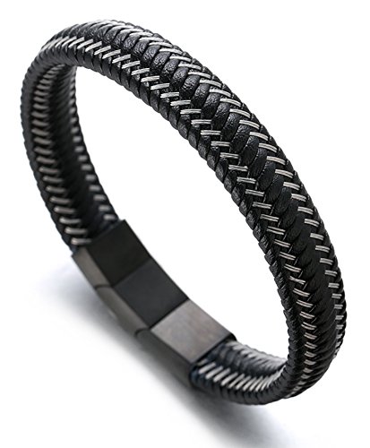 HALUKAKAH Plus ● Jazz ● Pulsera Hombre Cuero Genuina Cierre Magnético Titanio Acero Inoxidable 8.5"-9"(21.5-23cm) con CajaDeRegaloGRATIS