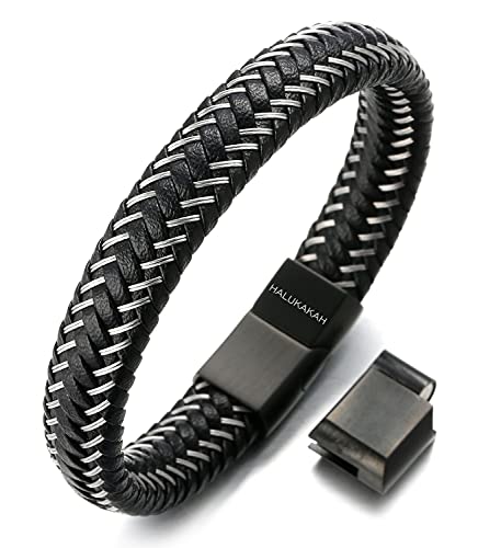 HALUKAKAH Plus ● Jazz ● Pulsera Hombre Cuero Genuina Cierre Magnético Titanio Acero Inoxidable 8.5"-9"(21.5-23cm) con CajaDeRegaloGRATIS