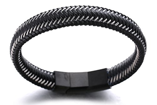 HALUKAKAH Plus ● Jazz ● Pulsera Hombre Cuero Genuina Cierre Magnético Titanio Acero Inoxidable 8.5"-9"(21.5-23cm) con CajaDeRegaloGRATIS