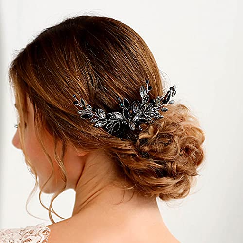 Handcess Novia Peines para el cabello de novia con diamantes de imitación de plata Accesorios para el cabello y tocado para las mujeres (negro)