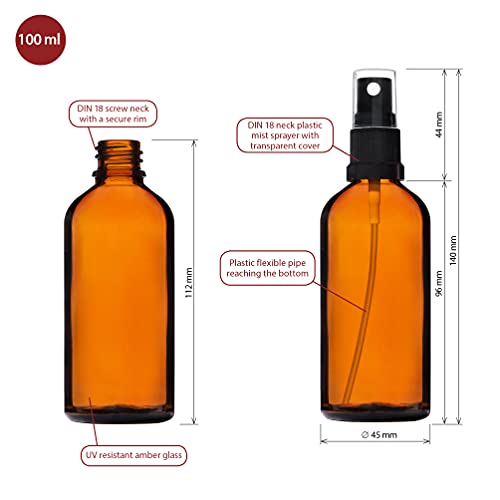 HandsUnity 100ml-12 piezas Botella de Vidrio Pulverizador - Farmacia Ámbar Botella de Vidrio Conjunto con Atomizador Negro Botella de Vidrio Pulverizador de Vidrio Marrón incluyendo 29 Accesorios