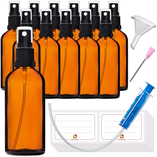 HandsUnity 100ml-12 piezas Botella de Vidrio Pulverizador - Farmacia Ámbar Botella de Vidrio Conjunto con Atomizador Negro Botella de Vidrio Pulverizador de Vidrio Marrón incluyendo 29 Accesorios